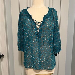 Old Navy Teal Floral Lace-Up Peasant Blouse